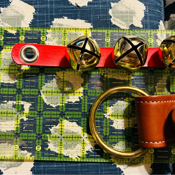 Belsnickle Brass Bell Pair on Leather Straps — 17” & 14” Like New Holiday Decor - Picture 7 of 7